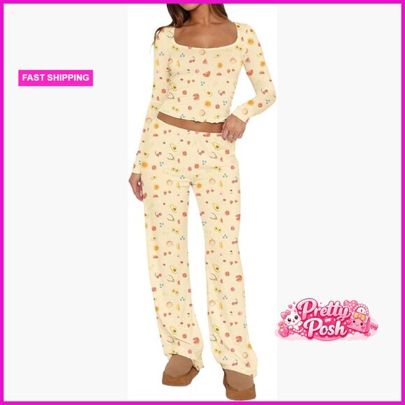 Polyester Blend Long Sleeve Pajama Set with Floral Fruit Graphic